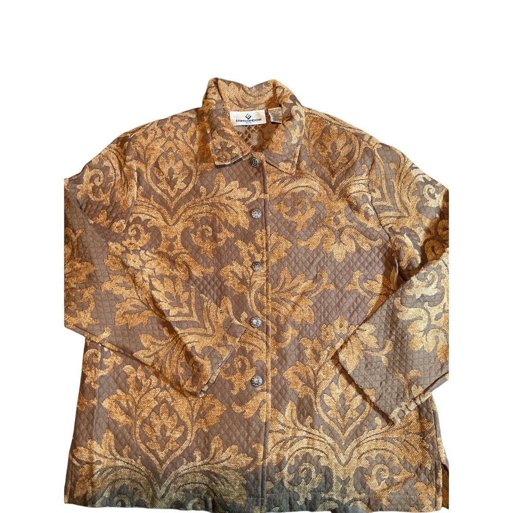 Erin London Petite Quilted Brocade Floral Button Front‎ Jacket Brown Gold L